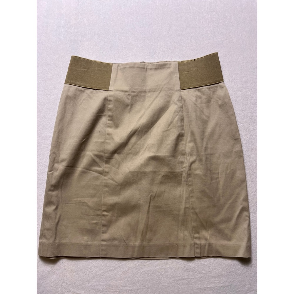 J. McLaughlin Size M Pencil Skirt Preppy Khaki Tan Elastic Waist Back Zip